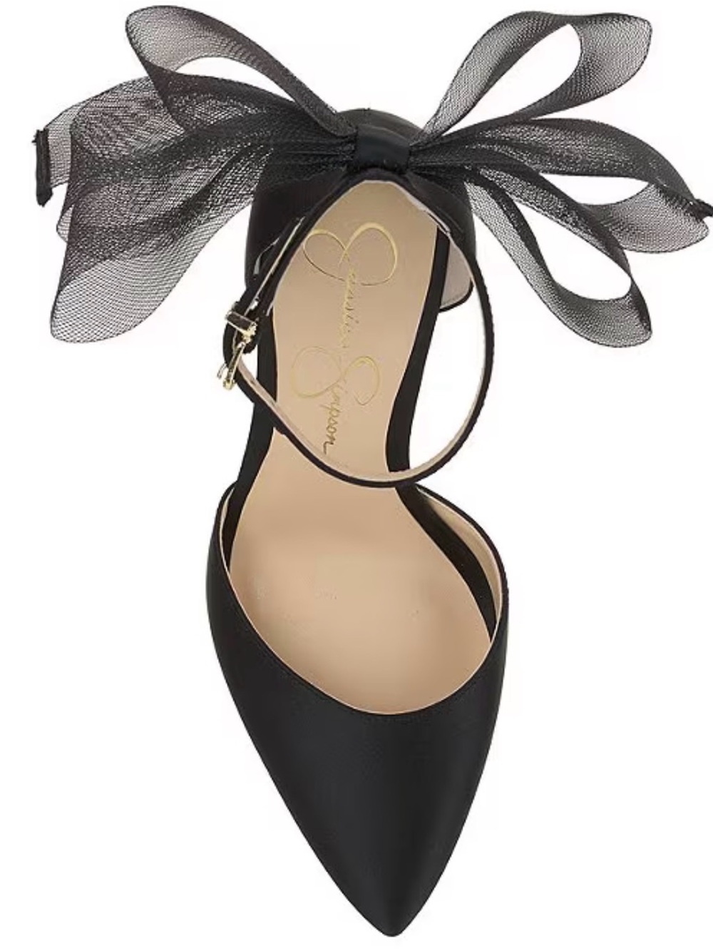 Jessica Simpson Black Pointed Toe Stiletto Pump with Tulle Ankle Bow - Picture 4 of 5